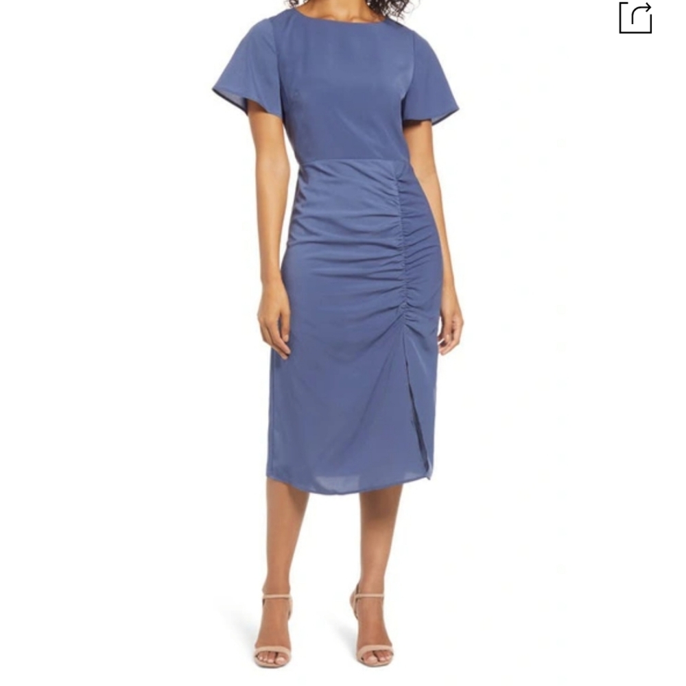 Chelsea 28 side gather midi dress in indigo blue S nwot